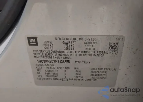 2017 Chevrolet Silverado 1500 1Lt из США, поврежденный, VIN 1GCVKREC3HZ138355